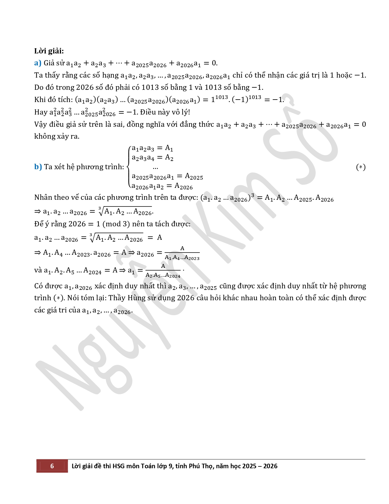 Đề thi, đáp án môn Toán thi học sinh giỏi lớp 9 tỉnh Phú Thọ, năm học 2025-2026